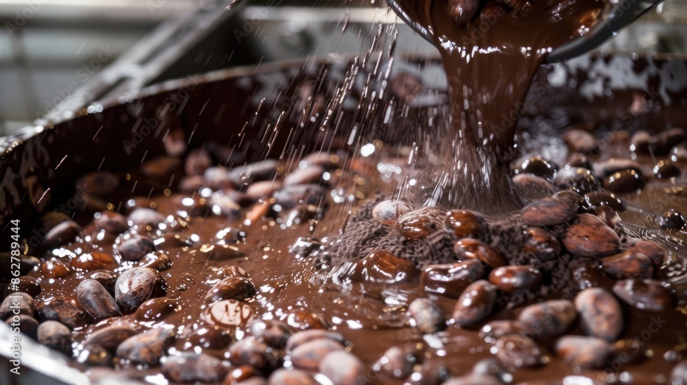 Poster close-up of chocolate production equipment in action, showcasing the mixing and refining process of 