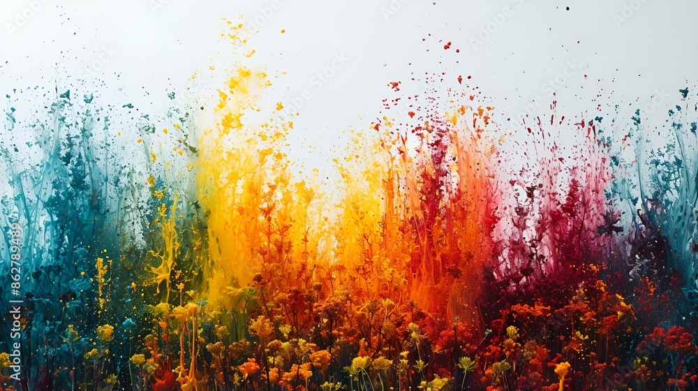 Poster colorful paint splashes on white background, creating a vibrant and dynamic visual composition.