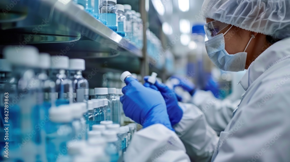 Poster workers conducting quality control tests and analyses on pharmaceutical samples in a laboratory sett
