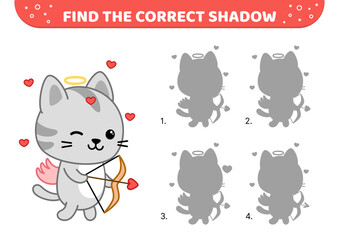 Find the correct shadow. Cupid kitten. Angel. Shadow matching game. Cartoon, vector.