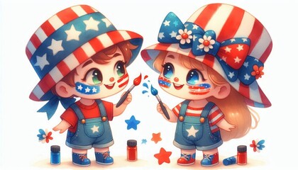 Patriotic Kids Painting American Flags on Each Other's Faces - Two kids in overalls and American flag hats are painting each other's faces with the American flag colors for a celebration.