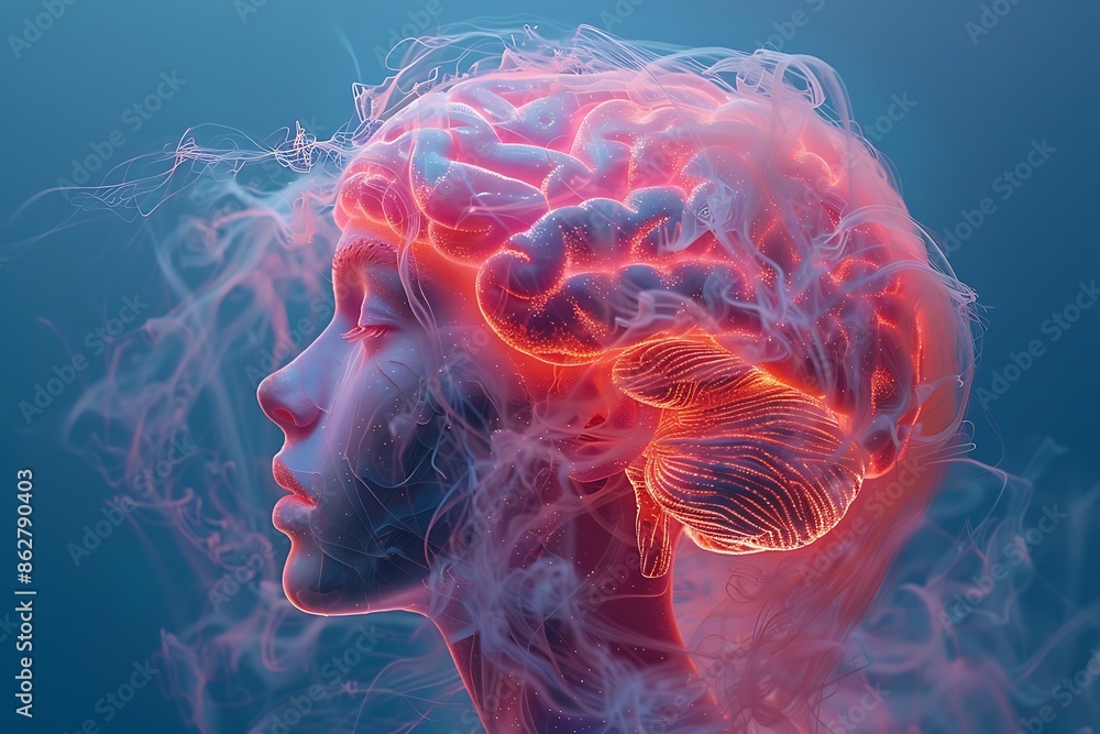 Poster brain's neural pathways delicate flowing ribbons of light entire brain rendered in soft pastels with