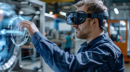 Engineer uses augmented reality glasses with holographic data overlays at futuristic laboratory