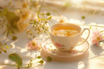 Fototapeta premium A luxurious porcelain crockery tea cup, perfect for traditional English tea and breakfast, served outdoors against a sunny morning landscape backdrop with blooming flowers.