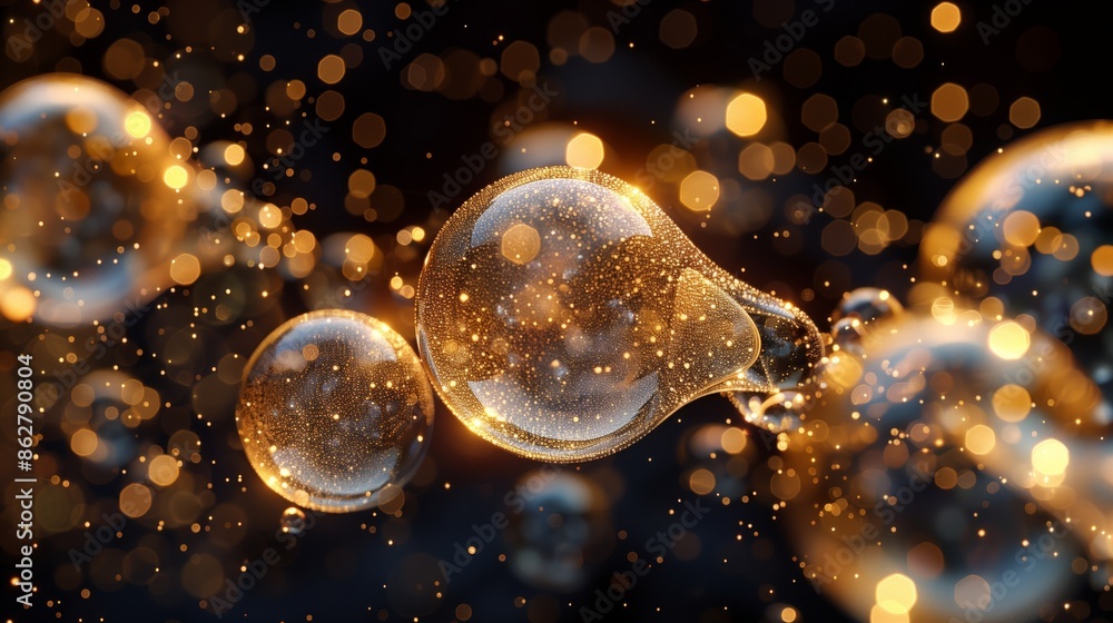 Poster golden bubbles floating in a dark and sparkling background