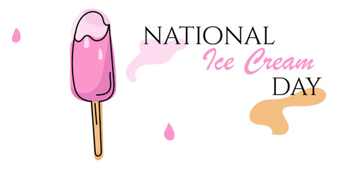 Colorful Doodle National Ice Cream Day - popsicle on beige stick in violet and pink colors. Editable stroke. Vector illustration template for cards, business, banners, textile, poster, wallpaper