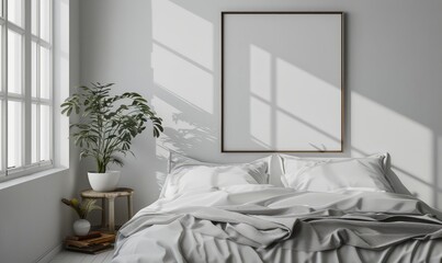 Minimalist bedroom with a blank frame on the nightstand