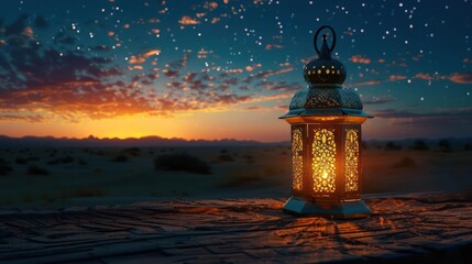 Tranquil Twilight, A Lone Lantern's Silhouette Against Desert Stars and Dunes