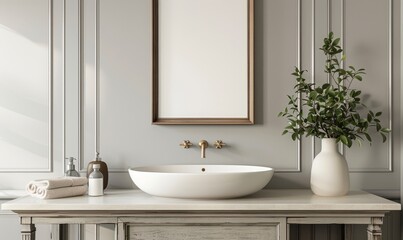 Fototapeta premium Elegant bathroom with a blank frame above the vanity