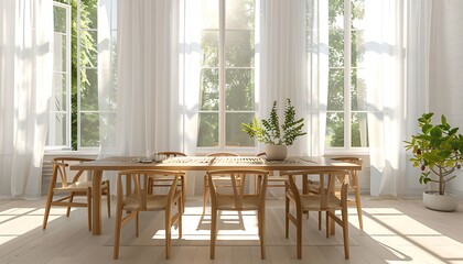Obraz premium Elegant white curtain in a sunlit dining room with minimalist wooden furniture and large windows.