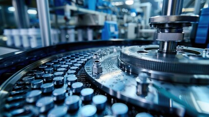 Close-up of pharmaceutical production machinery in action, illustrating the precision and technology involved in drug manufacturing , 