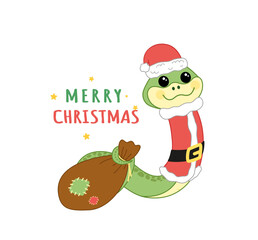 Santa Claus. Snake in Santa Claus suit with sack. Merry Christmas. Cartoon, vector