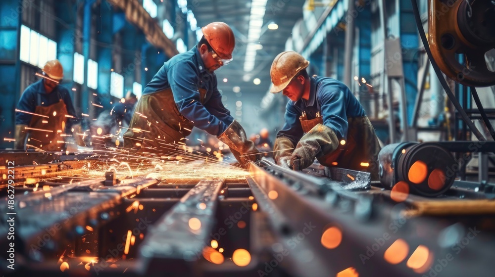 Poster a team of workers collaborating on the assembly line to produce steel products, emphasizing coordina