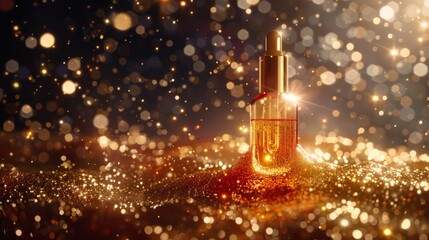 Captured from above, a bottle of golden serum floats amidst swirling golden particles, enveloped in an ethereal glow against a backdrop of sparkling diamonds.