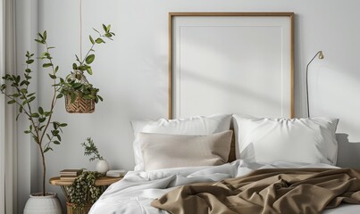 Serene bedroom with a blank frame on the nightstand