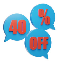 40 percent off speech balloons isolated on white background. 3d illustration.
