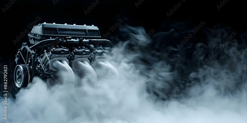Poster running internal combustion engine in isolation smoke and fictional graphics. concept isolated engin