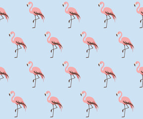 Różowe flamingi. Wzór bezszwowy. Ptaki na niebieskim tle. © Monika