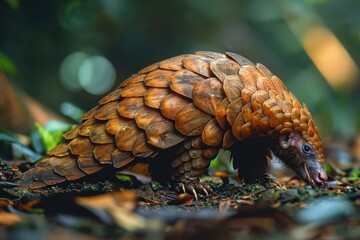 Fototapeta premium A pangolin walking across a forest floor, its body covered in hard, overlapping scales and its long tongue extended to catch ants