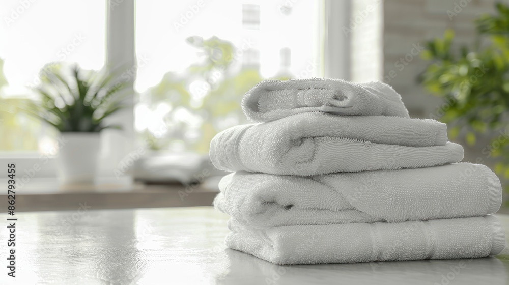 Poster towels on white table with blurred background for product display