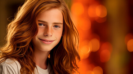 Obraz premium Portrait of a happy smiling red-haired, long haired confident teenage guy with perfect skin, gold background, banner.