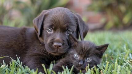 Chocolate Lab puppy cuddles kitten on grass