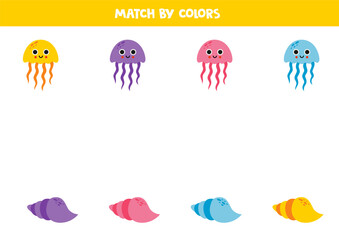 Color matching game for preschool kids. Match cute jelly fish and sea shells by colors.