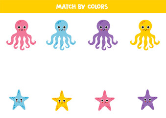 Color matching game for preschool kids. Match cute octopuses and sea stars by colors.