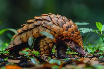 Obraz premium A pangolin walking across a forest floor, its body covered in hard, overlapping scales and its long tongue extended to catch ants