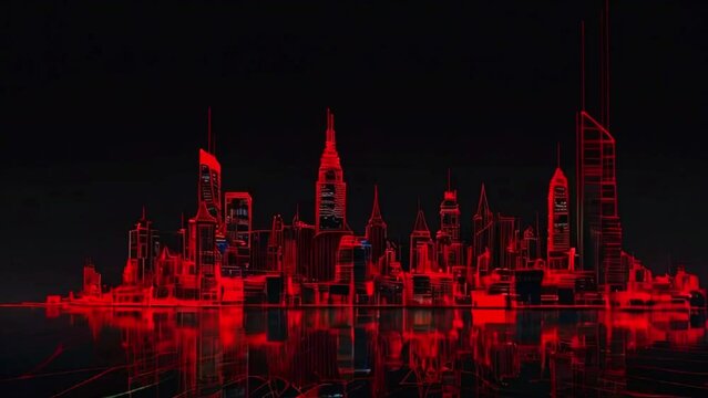 A digital video of a city skyline at night. The buildings are red and outlined in black, and the background is black. There is a reflection on the bottom of the image that is symmetrical to the skylin