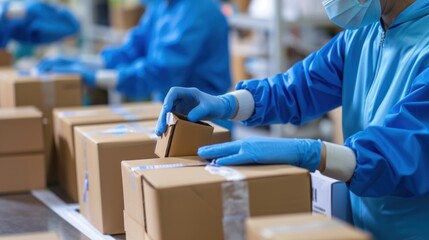 Workers assembling and sealing cardboard boxes in a sterile and controlled environment, ensuring product integrity and safety 