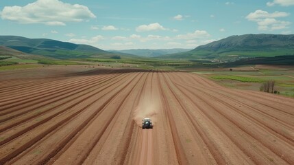 Obraz premium A tractor drives through a freshly tilled field on a sunny day, with rolling hills in the background