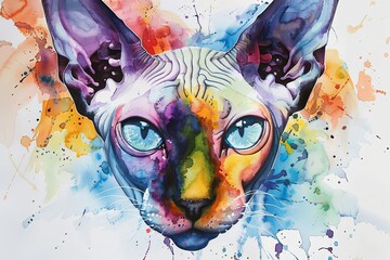 A colorful watercolor painting of a Sphynx cat with blue eyes