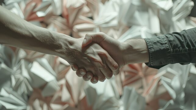 Two hands of different people of different skin color shaking over white crumpled paper background.