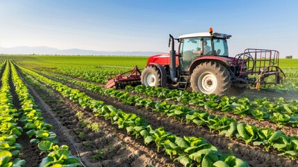 Fototapeta premium A red tractor is driving through a field of green crops on a sunny day. The tractor is pulling a piece of farming equipment, and the field is well-maintained