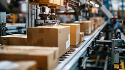 Naklejka premium Close-up of cardboard packaging equipment in action, highlighting the technology and automation involved in the production of boxes ,