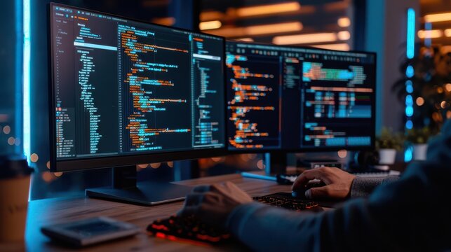 Developer working on code at night in a modern office, with multiple monitors displaying programming software and lines of code.