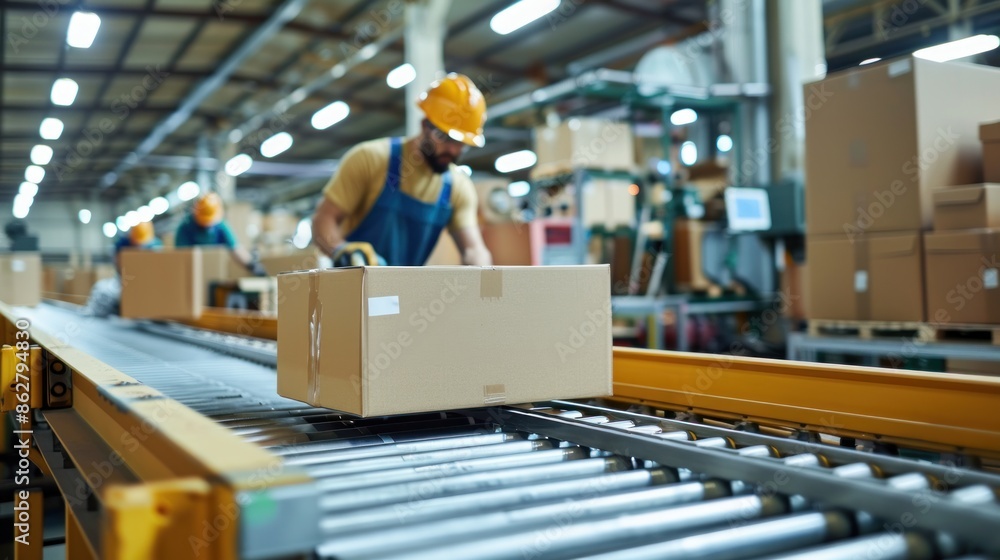 Poster workers in a cardboard packaging factory operating machinery to produce and assemble cardboard boxes