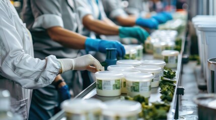 Workers packaging dairy products in eco-friendly or recyclable materials, highlighting sustainability practices in the industry