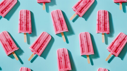 Pink popsicles pop against a light blue background, creating a playful summery design.