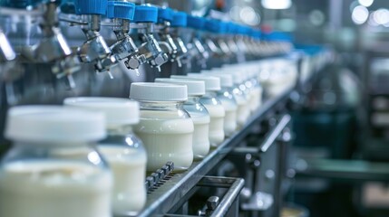 Obraz premium Close-up of dairy products being filled into containers and sealed with precision machinery, ensuring freshness and quality 