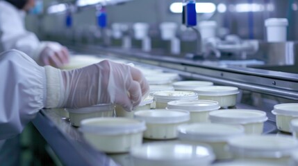 Workers labeling and packaging various dairy products such as yogurt, cheese, and butter in a sterile environment , 