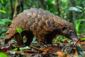 Fototapeta premium A pangolin walking across a forest floor, its body covered in hard, overlapping scales and its long tongue extended to catch ants