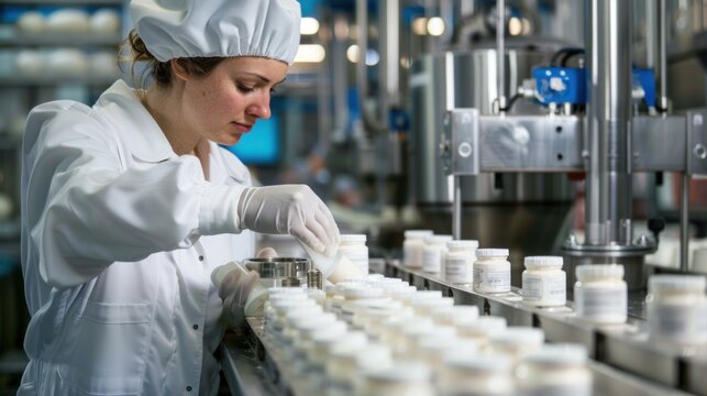 A technician inspecting dairy packaging materials for quality and safety standards before they are used in production , 