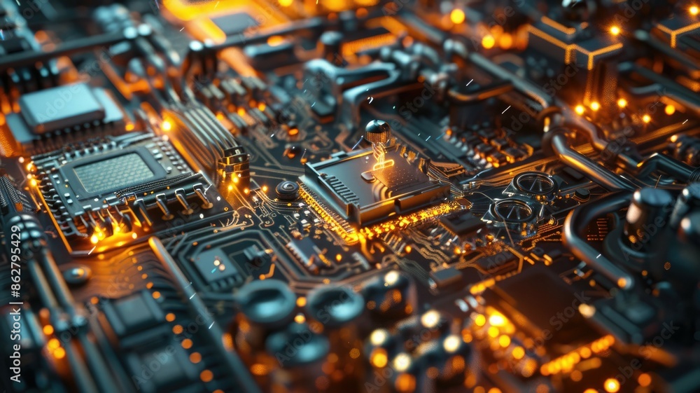 Poster a detailed perspective of a sophisticated circuit board featuring a illuminated microchip and electr