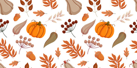 Seamless autumn pattern featuring pumpkins, acorns, various fall leaves, and berries. The rich orange, brown, and green hues of elements. Festive and cozy design ideal for seasonal decor and textiles
