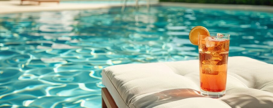 A poolside lounge chair with a refreshing drink