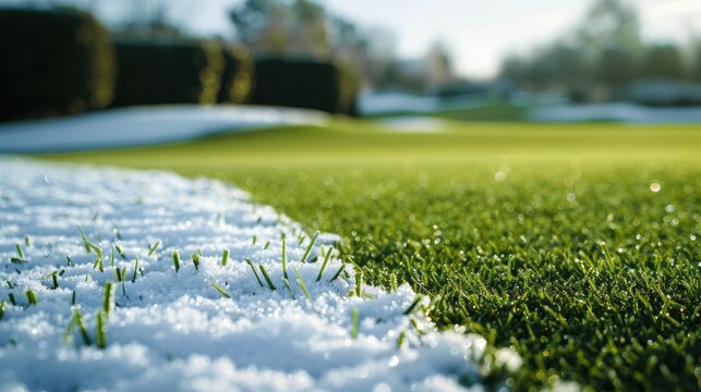 Green grass with filter growing in snowy golf course with background bush