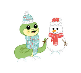 Snowman. Snake is creating a cute snowman. Cartoon, vector.
