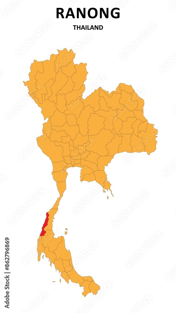 Sticker ranong map is highlighted on the thailand map with detailed state and region outlines.